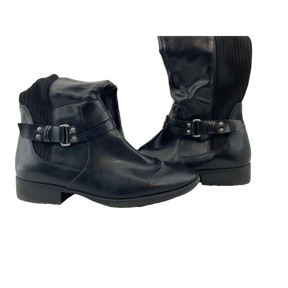 Womens Black Knee‎ High Boots Ribbed Knit Back Side Zip Buckle Detail Flat Heel